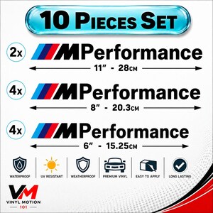 Op de afbeelding: Een 10-delige set M Performance vinylstickers met blauwe, paarse en rode strepen. Bevat twee stickers van 28 cm, vier van 20,3 cm en vier van 15,25 cm. Iconen geven aan dat het product waterdicht, UV-bestendig en weerbestendig is gemaakt.