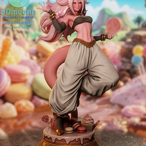 May include: A figurine of a pink-skinned character with long pink hair, wearing a dark top, loose light-coloured trousers, and dark arm sleeves. The character stands on a base decorated with miniature desserts, including a cupcake and macarons.