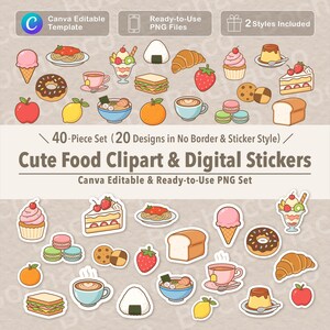 May include: A 40-piece set of food clipart and digital stickers featuring 20 designs in two styles. The collection includes illustrations of ice cream, pasta, parfaits, onigiri, croissants, cupcakes, donuts, tea, sandwiches, fruit, and coffee.