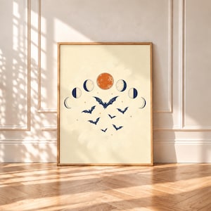 Moon Phases Bats Halloween Poster, Lunar Cycle Blood Moon Wall Art, Vintage Celestial Print, Navy Orange Spooky Decor, Digital Download