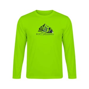 May include: A neon lime green long-sleeve shirt featuring a dark navy blue graphic on the chest. The graphic displays a mountain silhouette, the letters SB, and the text SCOTT BRASWELL ALPINE ATHLETES printed in a clean, sans-serif font.