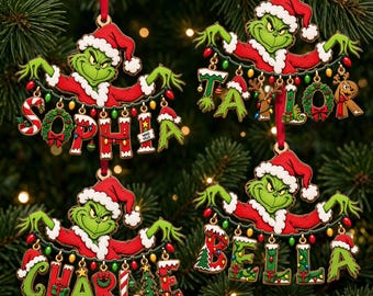 Personalized Grinch Name Ornament, Flat 2D Acrylic Christmas Ornament, Custom Family Name Holiday Gift, Whoville Christmas Decor