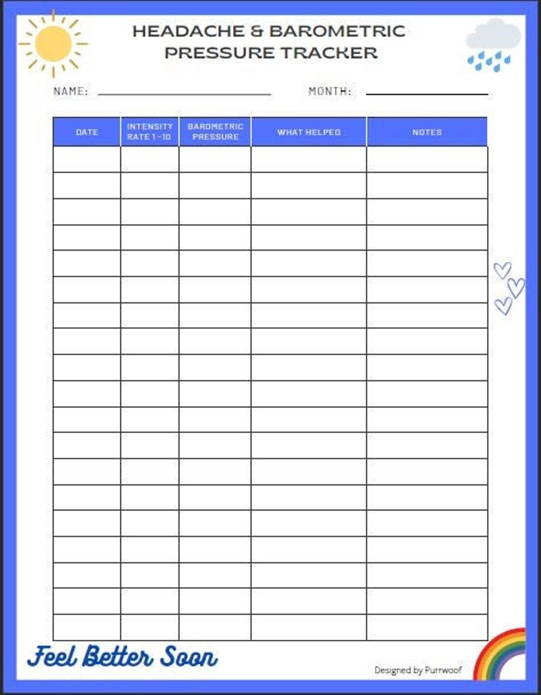 Headache & Barometric Pressure Tracking Chart Etsy