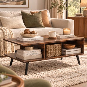 May include: A rectangular coffee table with a dark wood grain finish and four black tapered legs. The table features an open shelf design containing stacked books titled The Kinfolk Home, The Art of Home, and Live Beautifully, a woven basket, and a wooden bowl.