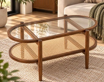 Rattan Coffee Table with Tempered Glass Top, Oval Acacia Wood Table, 2-Tier Boho Center Table with Storage Shelf for Living Room