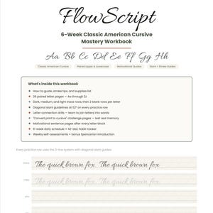 May include: A 6-week classic American cursive mastery workbook titled FlowScript. The page displays the alphabet from Aa to Hh, a list of contents including stroke tips, letter drills, and a 3-line practice system with diagonal slant guides.