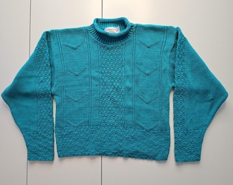 Vintage Courtney Rhodes Teal Cotton Knit Sweater S Roll Neck Chevron Boho USA
