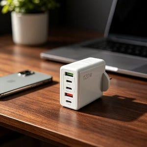 May include: A white multi-port wall charger featuring the text 120W printed on the side. The device includes one USB-A port with a green interior, three USB-C ports, and one USB-A port with an orange interior, all arranged vertically on the front face.