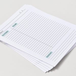 May include: A stack of white paper note-taking templates featuring black horizontal lines. The layout includes designated fields for Class, Subject, and date, with sections labeled Key Points, Details, and Summary in light blue boxes.
