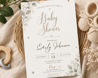 May include: A white baby shower invitation card featuring elegant brown cursive text, green watercolour eucalyptus leaf illustrations, and small heart icons. The text includes details for Emily Johnson on Saturday, November 15 at 2:00 PM.