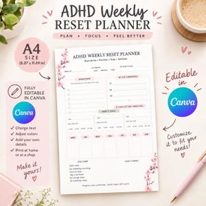 May include: An A4 size ADHD Weekly Reset Planner template with pink cherry blossom accents. The layout includes sections for a brain dump, top three priorities, daily tasks, and self-care. It is fully editable in Canva, measuring 8.27 by 11.69 inches.
