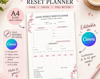 May include: An A4 size ADHD Weekly Reset Planner template with pink cherry blossom accents. The layout includes sections for a brain dump, top three priorities, daily tasks, and self-care. It is fully editable in Canva, measuring 21.0 by 29.7 cm.