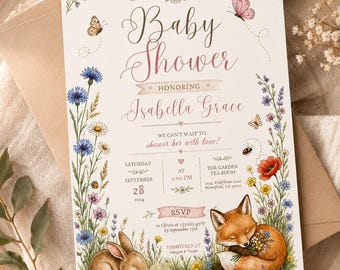 May include: A rectangular baby shower invitation card featuring watercolour illustrations of a sleeping rabbit and fox, butterflies, a bee, and wildflowers. The text reads: Please join us for a Baby Shower honouring Isabella Grace on September 28, 2024.