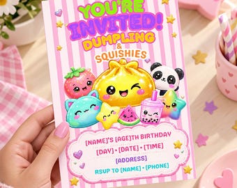 May include: A rectangular birthday invitation card with a pink and white striped background. The text reads YOU'RE INVITED! DUMPLING & SQUISHIES. It features illustrations of a yellow dumpling, strawberry, panda, star, watermelon, and boba tea.