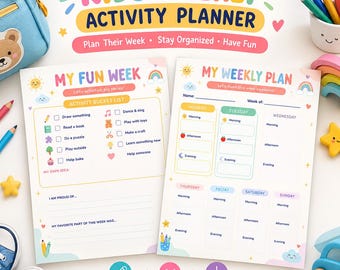 May include: Two printable activity planner sheets for children titled My Fun Week and My Weekly Plan. The sheets feature colourful pastel graphics, including rainbows, suns, and clouds, with sections for daily schedules, activity checklists, and notes.