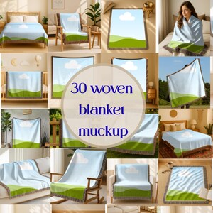 May include: A woven blanket featuring a light blue sky with a single white cloud above rolling green hills, finished with a fringed edge. The image displays the text 30 woven blanket mockup centered over the various blanket displays.
