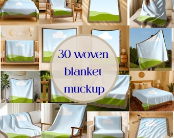May include: A woven blanket featuring a light blue sky with a single white cloud above rolling green hills, finished with a fringed edge. The image displays the text 30 woven blanket mockup centred over the various blanket displays.