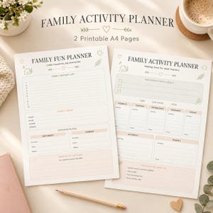 May include: Two A4 printable pages titled Family Fun Planner and Family Activity Planner. The sheets feature sections for family bucket lists, weekly goals, daily activity schedules, weekend plans, and memory logs with minimalist line art icons.