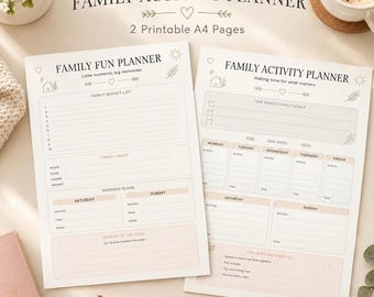 May include: Two A4 printable pages titled Family Fun Planner and Family Activity Planner. The sheets feature sections for family bucket lists, weekly goals, daily activity schedules, weekend plans, and memory logs with minimalist line art icons.