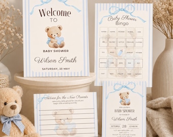May include: A baby shower stationery bundle featuring a welcome sign, bingo card, advice card, and invitation. Each piece has a light blue striped border, a blue ribbon graphic, and a brown teddy bear illustration with the name Wilson Smith.