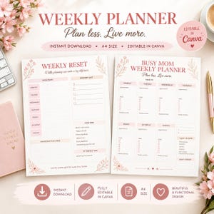 May include: Two A4 size weekly planner templates with floral accents and pink text. The left sheet is titled Weekly Reset, and the right sheet is titled Busy Mom Weekly Planner. Both pages feature sections for daily tasks, appointments, and meal planning.