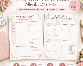 May include: Two A4 size weekly planner templates with floral accents and pink text. The left sheet is titled Weekly Reset, and the right sheet is titled Busy Mom Weekly Planner. Both pages feature sections for daily tasks, appointments, and meal planning.