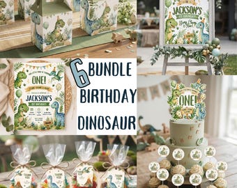 May include: A 6-piece dinosaur-themed birthday party bundle featuring green and blue illustrations of dinosaurs, party hats, and foliage. Includes favour boxes, a welcome sign, an invitation, cupcake toppers, and favour bags with thank you tags.