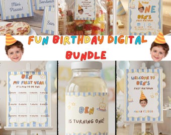 May include: A digital birthday party bundle featuring blue and yellow striped signage, food labels, a milestone board, a bottle label, and an invitation. The designs include text such as Ben is turning one, My First Year, and Welcome to Ben's First Birthday.