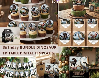 May include: A collection of dinosaur-themed birthday party templates including cupcake toppers with the name Jackson, favour bag labels, a Happy Birthday banner, a welcome sign, and an invitation, all featuring various dinosaur illustrations.