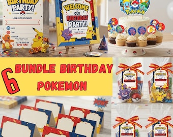 May include: A Pokémon-themed birthday party bundle featuring a printed invitation, a welcome sign, cupcake toppers, blank place cards, and favour bags with tags. The items display characters like Pikachu, Charmander, and Gengar with text.