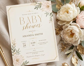 May include: A rectangular baby shower invitation card with gold foil text reading "PLEASE JOIN US FOR A BABY SHOWER HONORING AMANDA SMITH" on a cream background. The card features floral illustrations, date, time, and location details in gold.