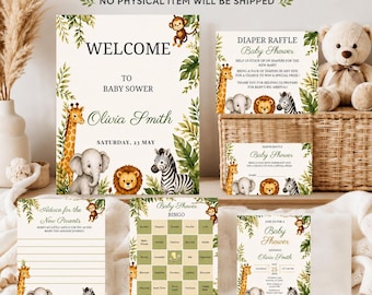 May include: A digital download bundle for a baby shower featuring jungle animal illustrations including a giraffe, elephant, lion, zebra, and monkey. The set includes a welcome sign, diaper raffle cards, advice cards, bingo game, and invitation cards.