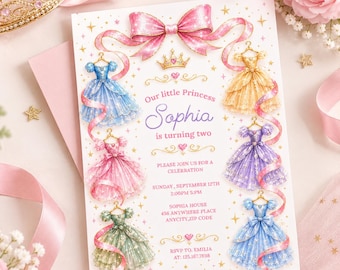 May include: A rectangular invitation card featuring a large pink bow at the top, a gold crown, and six colourful ball gowns. The text reads: Our little Princess Sophia is turning two. PLEASE JOIN US FOR A CELEBRATION. SUNDAY, SEPTEMBER 12TH 2:00PM 5:PM. SOPHIA HOUSE 456 ANYWHERE PLACE ANYCITY,ZIP CODE. RSVP TO, EMILIA AT: 125.167.7898.