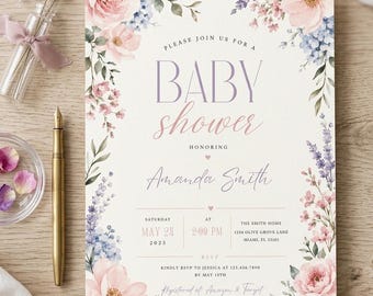 May include: A rectangular baby shower invitation card featuring a floral border of pink roses, blue flowers, and green leaves. The text reads: Please join us for a baby shower honouring Amanda Smith, Saturday May 24 2025, 2:00 PM, The Smith Home, 1234 Olive Grove Lane, Miami, FL 33101, RSVP to Jessica at 123.456.7890 by May 10th, Registered at Amazon & Target.