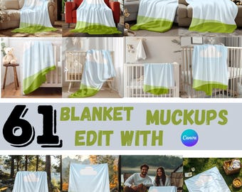 May include: A collection of 61 blanket mockups featuring a light blue sky, a single white cloud, and a green grassy hill landscape. The text 61 BLANKET MOCKUPS EDIT WITH Canva is displayed prominently in bold green and black lettering.