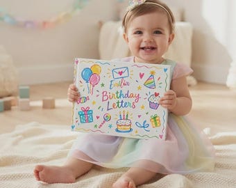May include: A rectangular hardcover book titled Emilia Birthday Letters with colourful hand-drawn illustrations of balloons, a cupcake, gifts, a party hat, and a cake with candles on a white background, held by a child in a pastel rainbow dress.