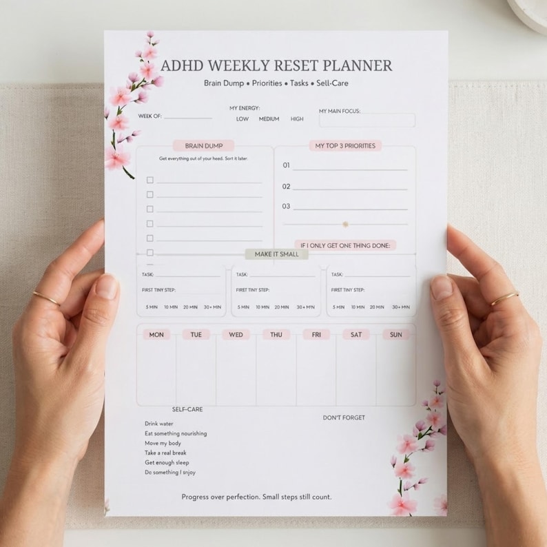 May include: A white ADHD Weekly Reset Planner sheet featuring pink cherry blossom illustrations on the top left and bottom right corners. The layout includes sections for Brain Dump, Top 3 Priorities, tasks, daily scheduling, and self-care checklists.
