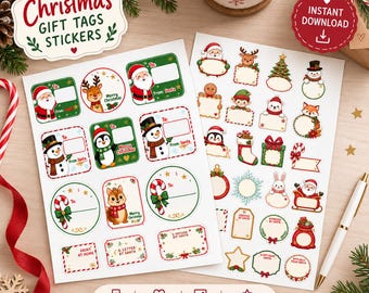 May include: Two sheets of Christmas gift tag stickers featuring festive illustrations of Santa Claus, reindeer, snowmen, penguins, and other holiday characters. The stickers include blank spaces for writing names and text such as From Santa.