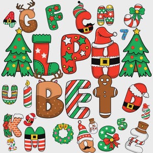 May include: A collection of Christmas-themed letters and numbers featuring festive designs including Santa suits, reindeer antlers, gingerbread men, candy canes, Christmas trees, stockings, wreaths, snowmen, and brick patterns in red, green, brown, and white.