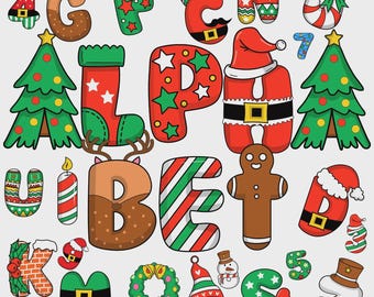 May include: A collection of Christmas-themed letters and numbers featuring festive designs including Santa suits, reindeer antlers, gingerbread men, candy canes, Christmas trees, stockings, wreaths, snowmen, and brick patterns in red, green, brown, and white.