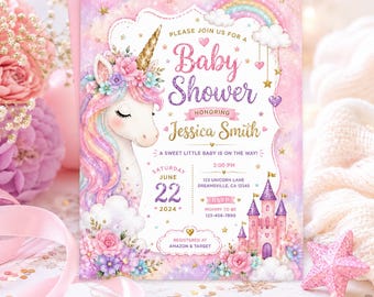 May include: A rectangular baby shower invitation card featuring a unicorn with a gold horn, pastel rainbow mane, and floral crown. The design includes a pink castle, clouds, stars, and text: Please join us for a Baby Shower honouring Jessica Smith.
