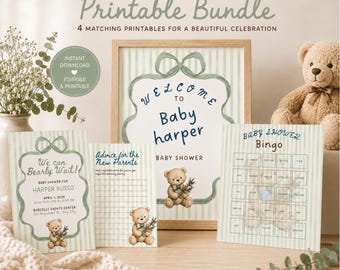 May include: A baby shower printable bundle featuring a welcome sign, invitation, advice card, and bingo game. Each item has a light green striped background, a watercolour teddy bear illustration, and dark blue text. A teddy bear sits to the right.