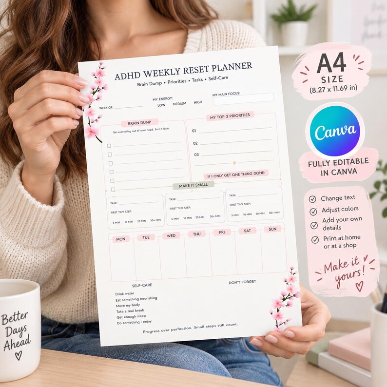 May include: An A4 size ADHD weekly reset planner template with a cherry blossom floral design. The document includes sections for brain dump, top three priorities, tasks, and self-care. It is fully editable in Canva and measures 8.27 by 11.69 inches.