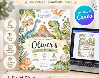 May include: An editable digital birthday invitation template featuring watercolour dinosaurs, a volcano, and tropical leaves. The text reads 'Oliver's 1st Birthday', 'You're Invited', 'Stomp, Roar and Party', and includes placeholders for date, time, location, and RSVP details.