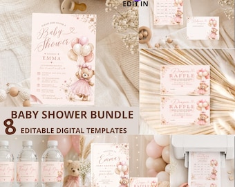 May include: A baby shower bundle of eight editable digital templates featuring a teddy bear in a pink tutu holding balloons. The set includes invitations, diaper raffle cards, bingo games, and water bottle labels with floral accents and pink text.