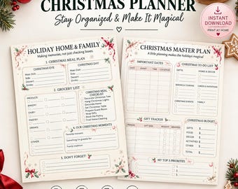 May include: A printable Christmas planner set on two pages featuring sections for a holiday home and family meal plan, grocery list, master plan, gift tracker, and budget. The pages include festive floral borders and text in black ink.
