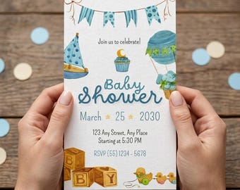 May include: A white baby shower invitation card featuring blue watercolour illustrations of a sailboat, a cupcake, a hot air balloon, and wooden blocks. Text includes Join us to celebrate, Baby Shower, March 25 2030, 123 Any Street, Any Place, Starting at 5:30 PM, and RSVP (55) 1234-5678.