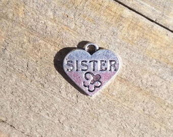 Antique Silver Sister Heart Charm 17mm Set of 5