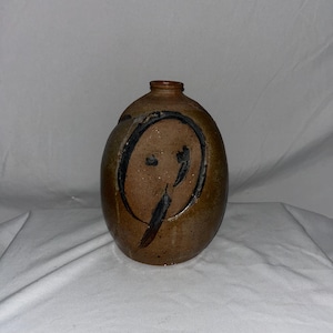 Vintage Studio Pottery Earthy Stoneware Ovoid Vase Signed LEFRA Abstract Brushwork