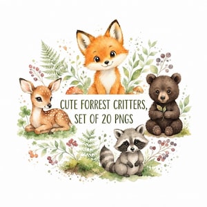 Peut inclure: Une illustration numérique représentant un renard, un cerf, un ours et un raton laveur entourés de feuillage vert, de fougères et de baies. Le texte au centre indique CUTE FORREST CRITTERS, SET OF 20 PNGS. Les animaux sont en style aquarelle.